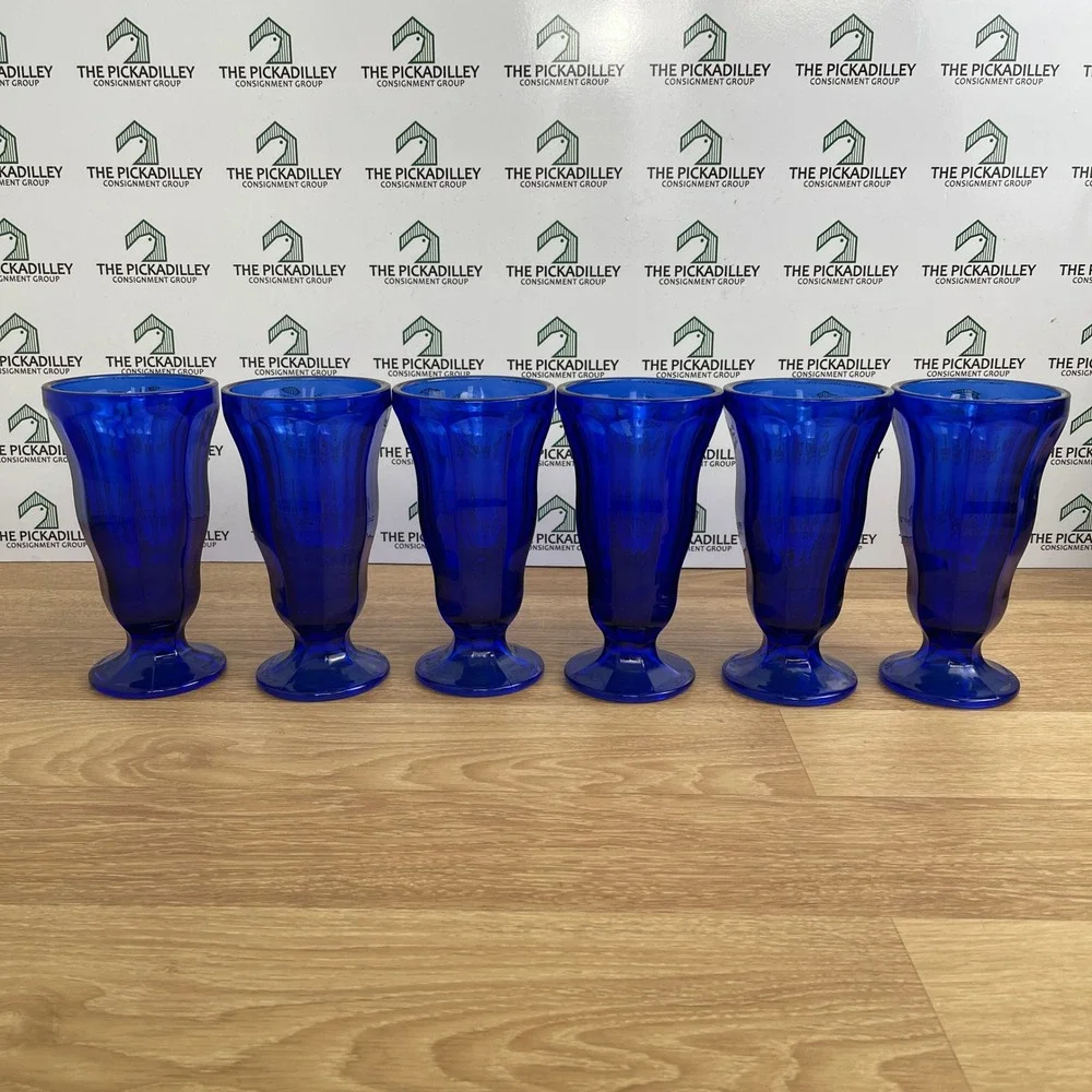 Set of 6 Cobalt Blue Glass Milkshake Sundae Glasses Paneled Pedestal 7 Inch